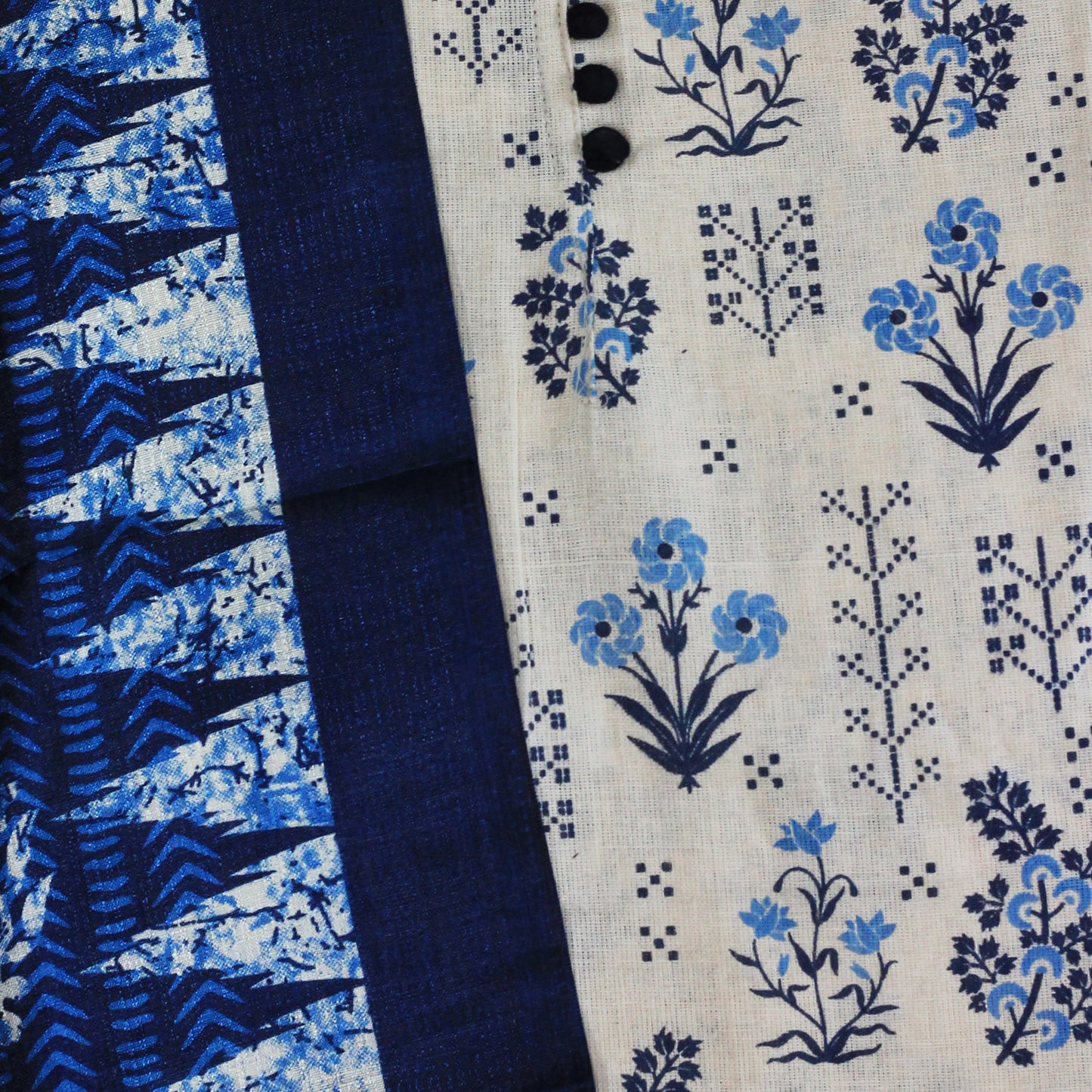 White & Blue Cotton Dress Material