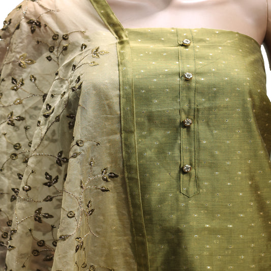 Green Chanderi Silk Party Wear Dress Material