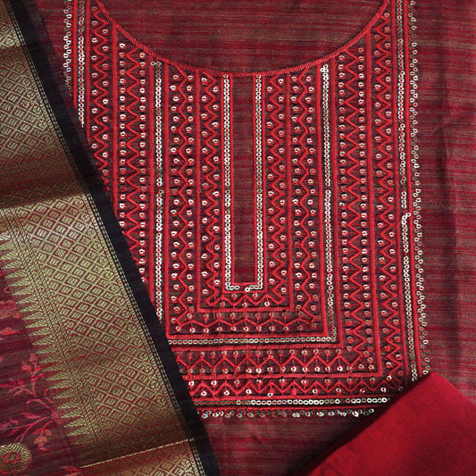 Red Khadi Silk Print Dress Material