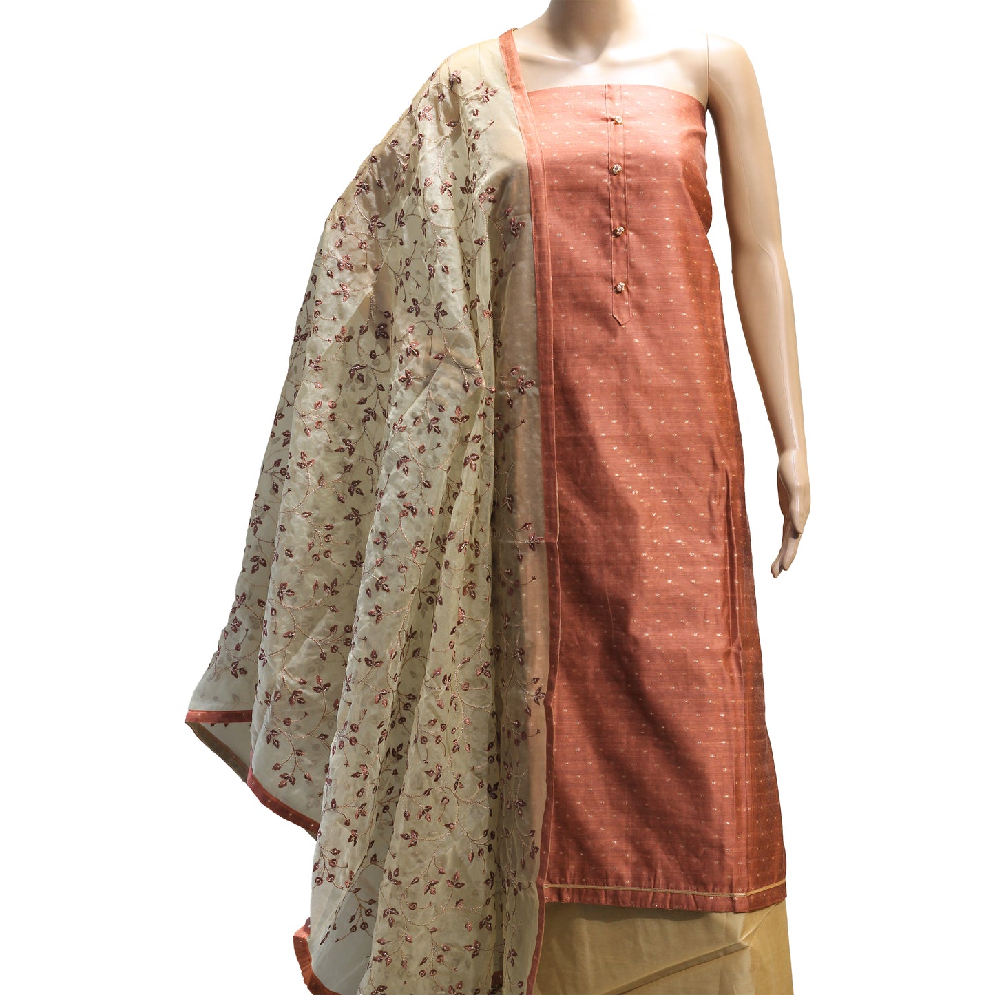 Brown Chanderi Silk Dress Material