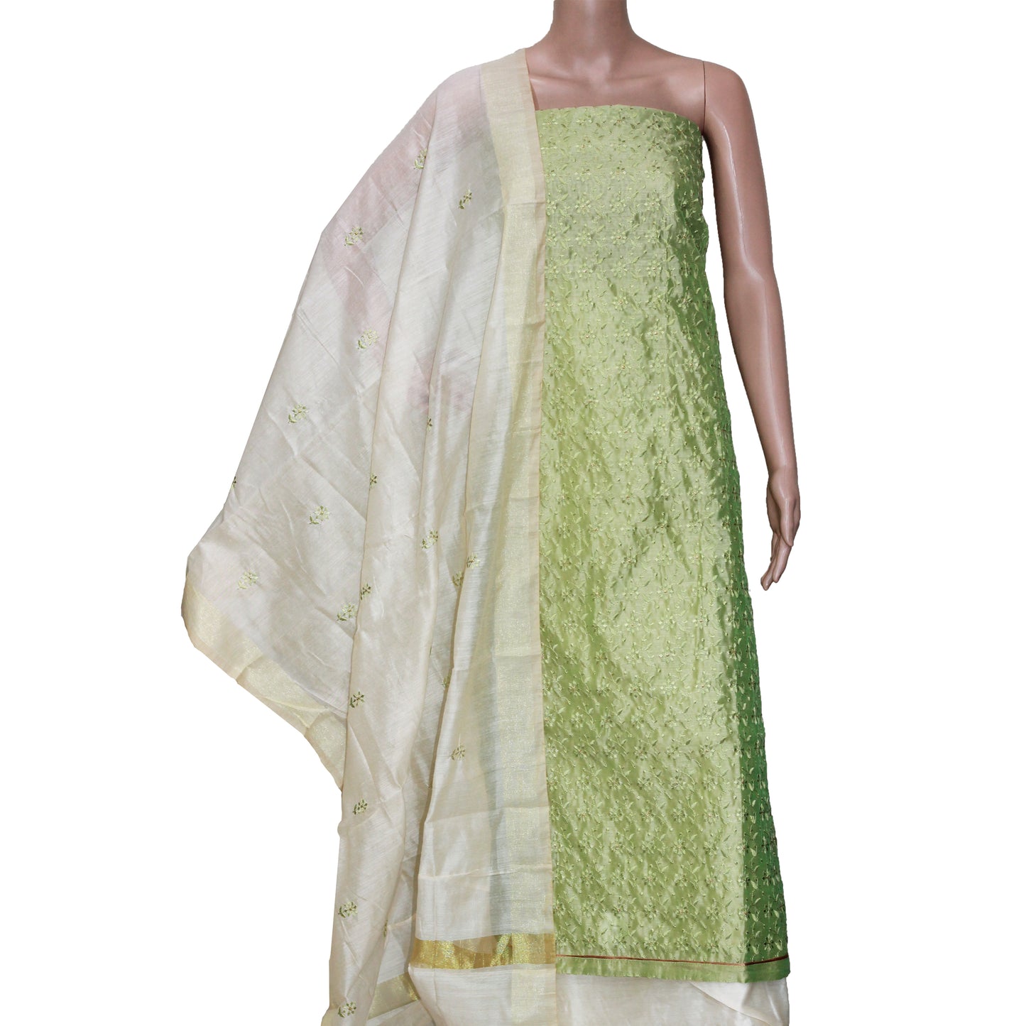 Green Chanderi Silk Dress Material with Embroidery