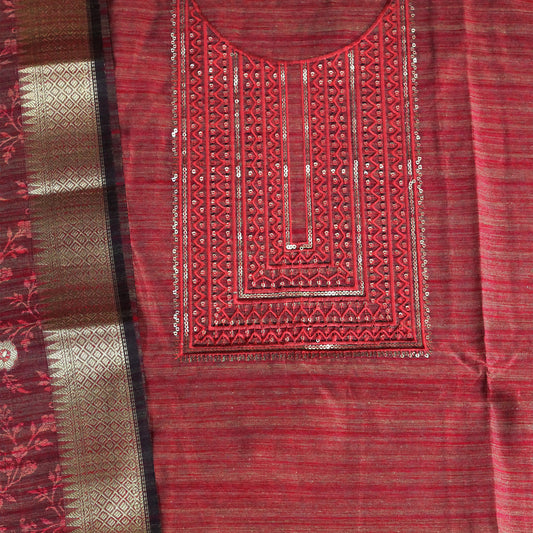 Red Khadi Silk Print Dress Material