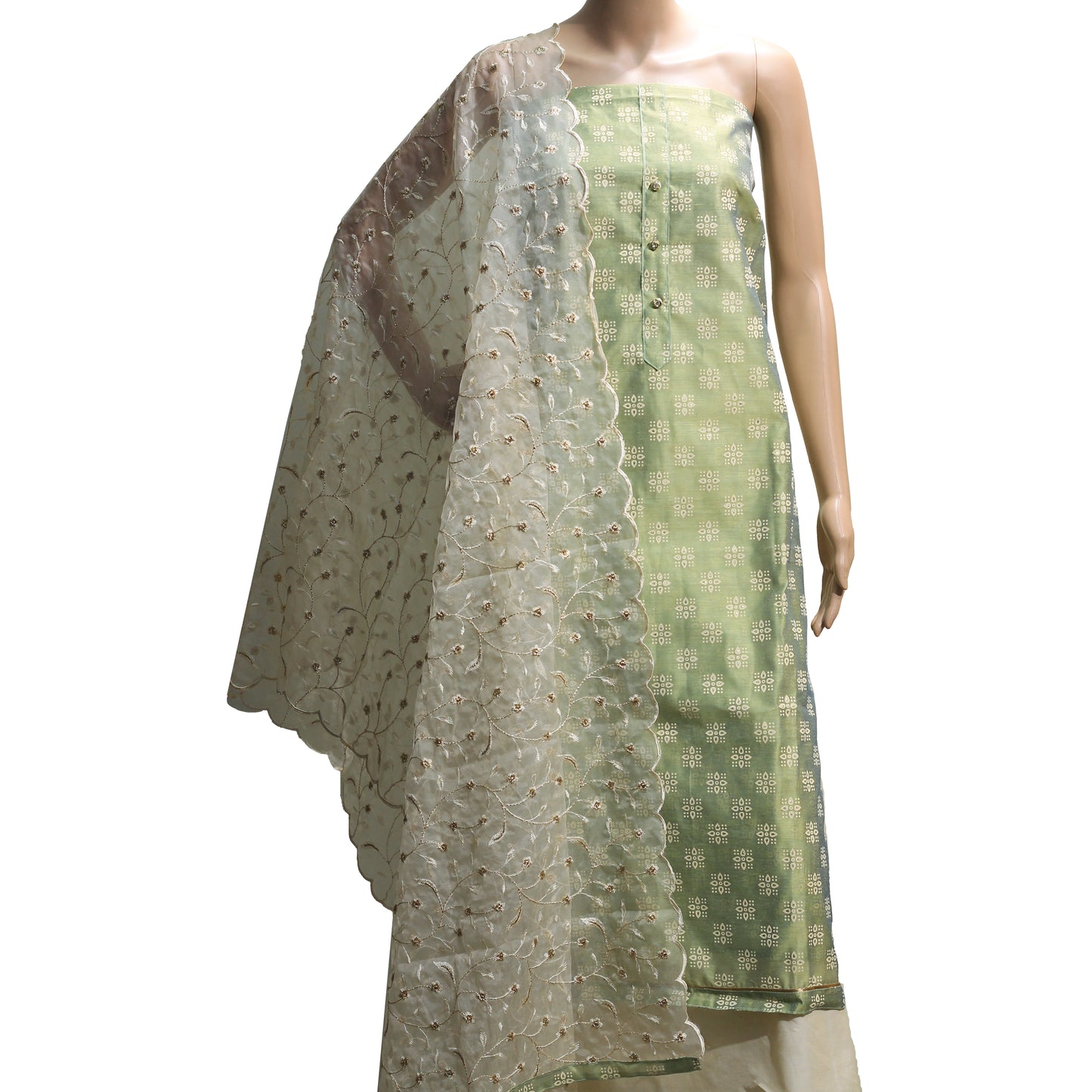 Green Printed Chanderi Silk Dress Material