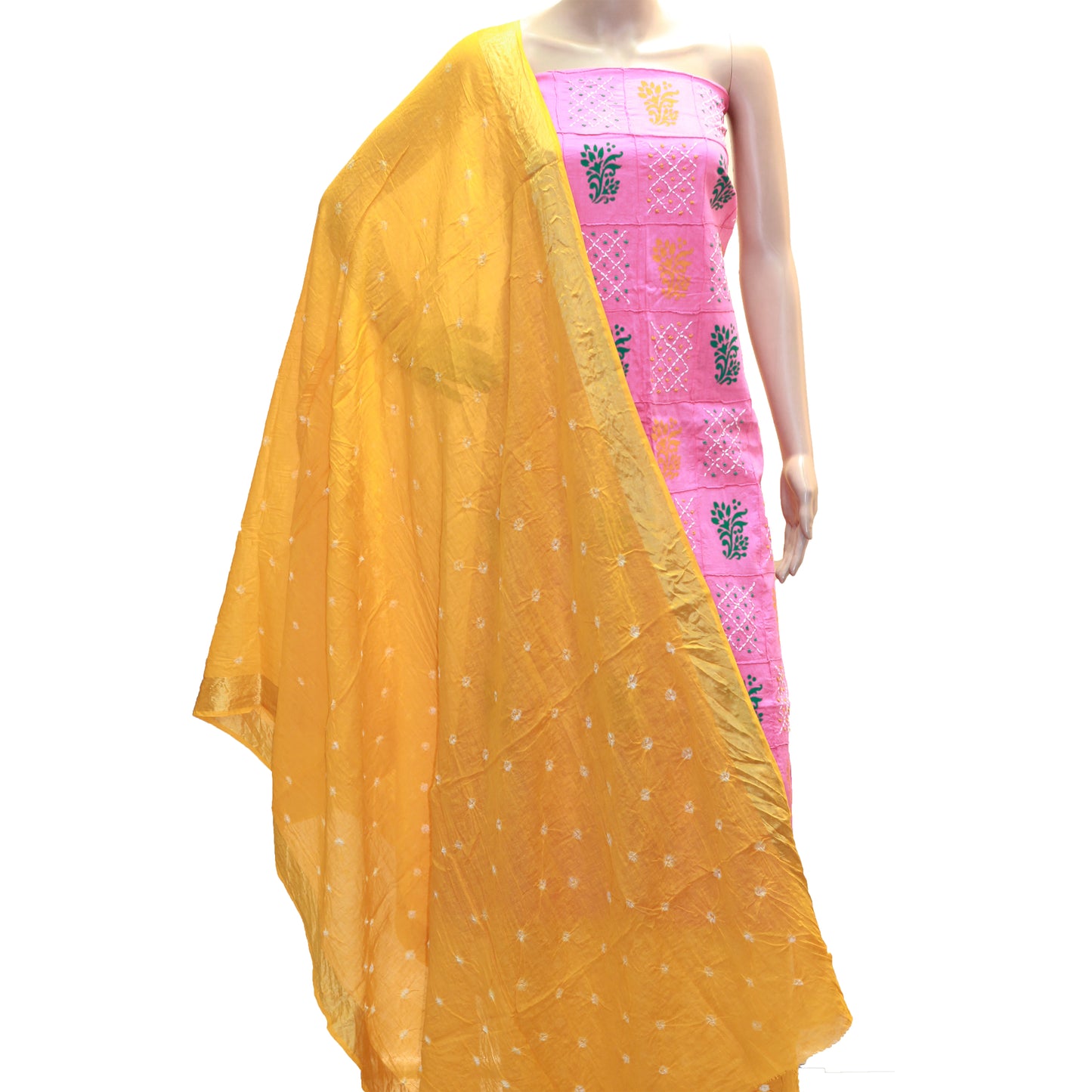Pink & Yellow Cotton Bandhani Dress Material