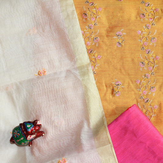 Yellow Chanderi Silk Dress Material